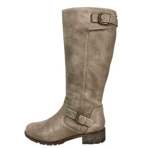 Sofft Alanna Taupe Tan Leather Tall Riding Moto Boots Zip Buckle 7.5 Wide